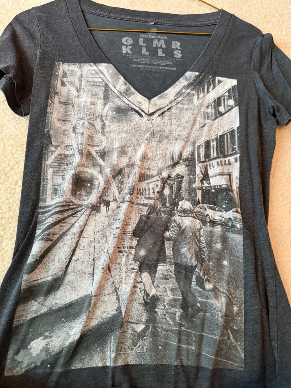 Glamour Kills - Vintage Black V Neck Tee with Bold Distressed Text